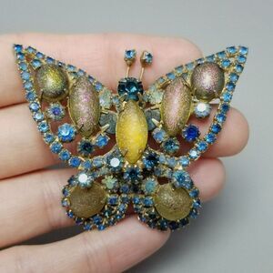 Vintage Unique Rhinestone Blue Butterfly Brooch, Cabochon Stones, Unsigned